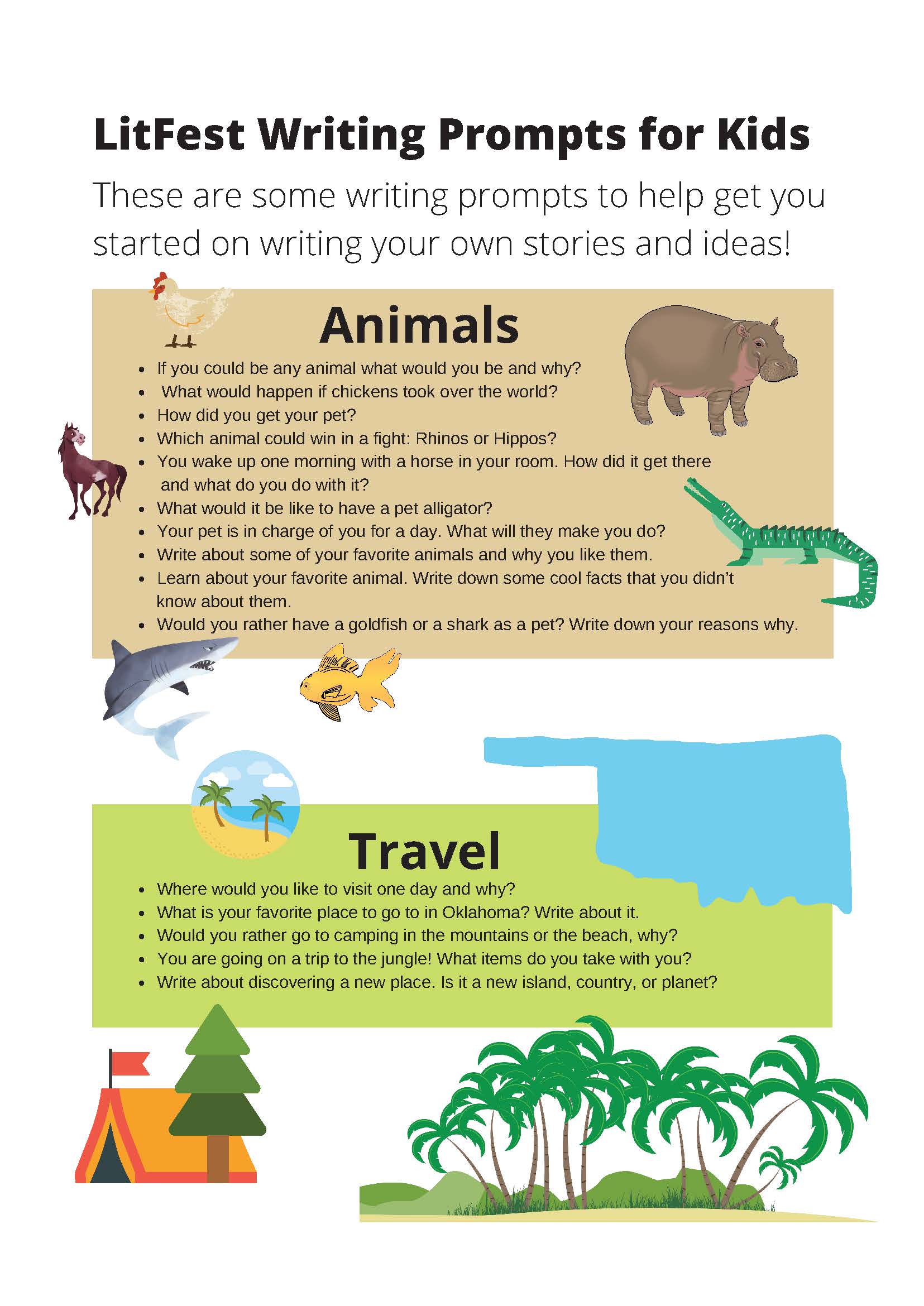 Graphic of the first page of the Kids Writing Prompts Document - available as a free download from the library