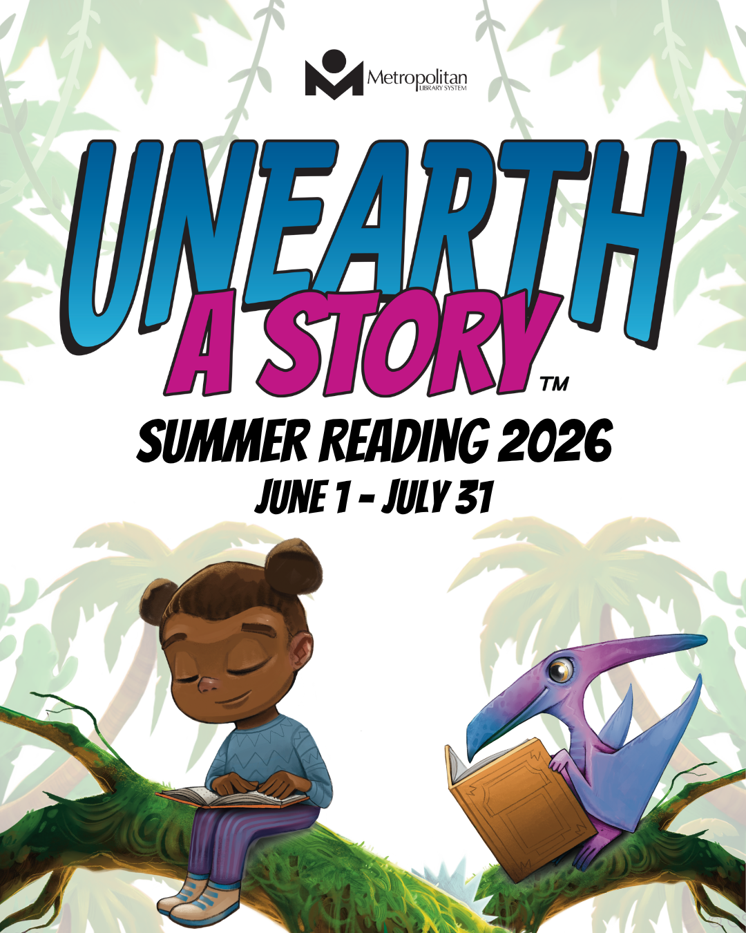 Illustration of a young girl reading a book while sitting on a tree branch with a purple pterodactyl also reading beside her, promoting Summer Reading 2026.