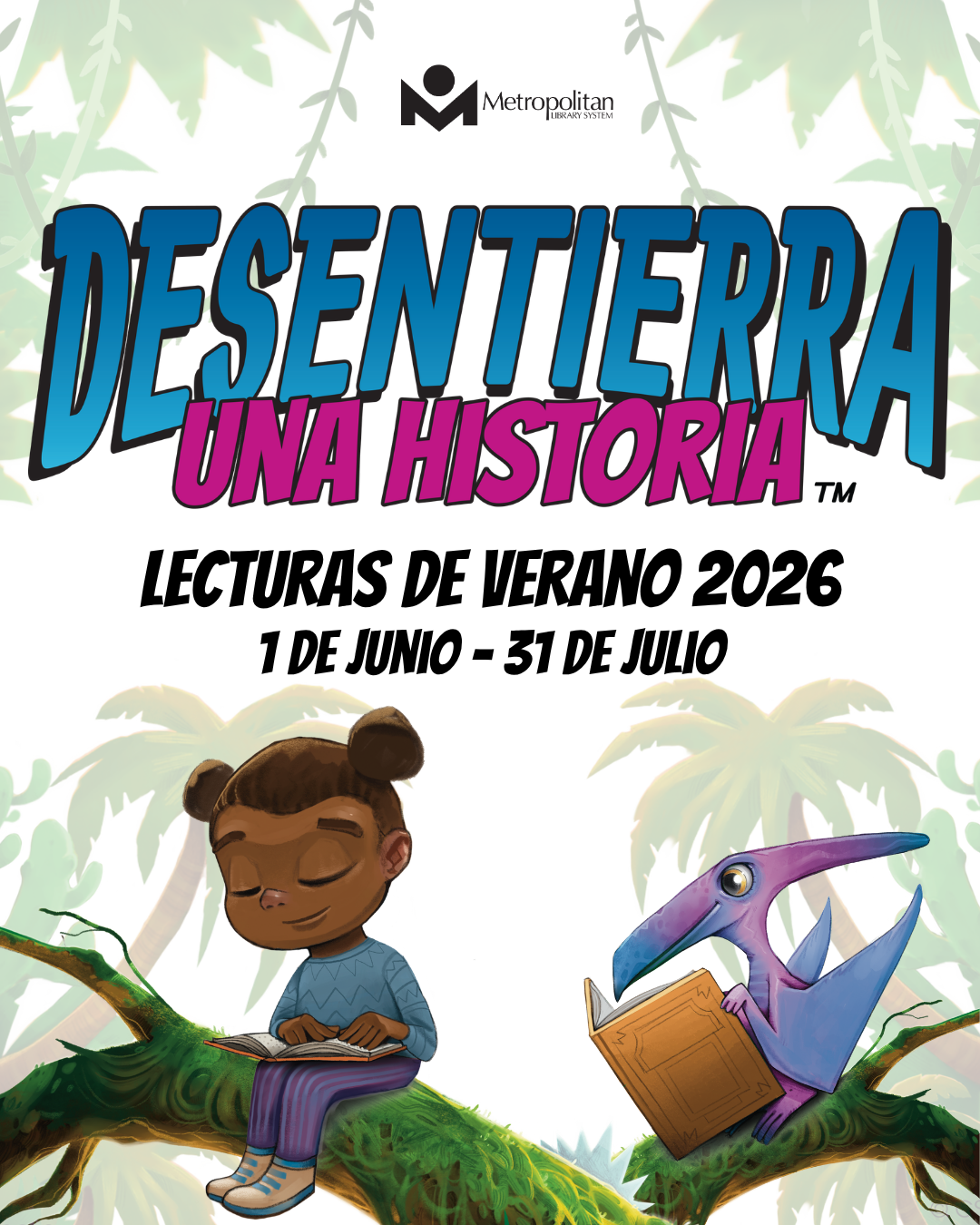Illustration of a young girl reading a book while sitting on a tree branch with a purple pterodactyl also reading beside her, promoting Lecturas de Verano 2026.