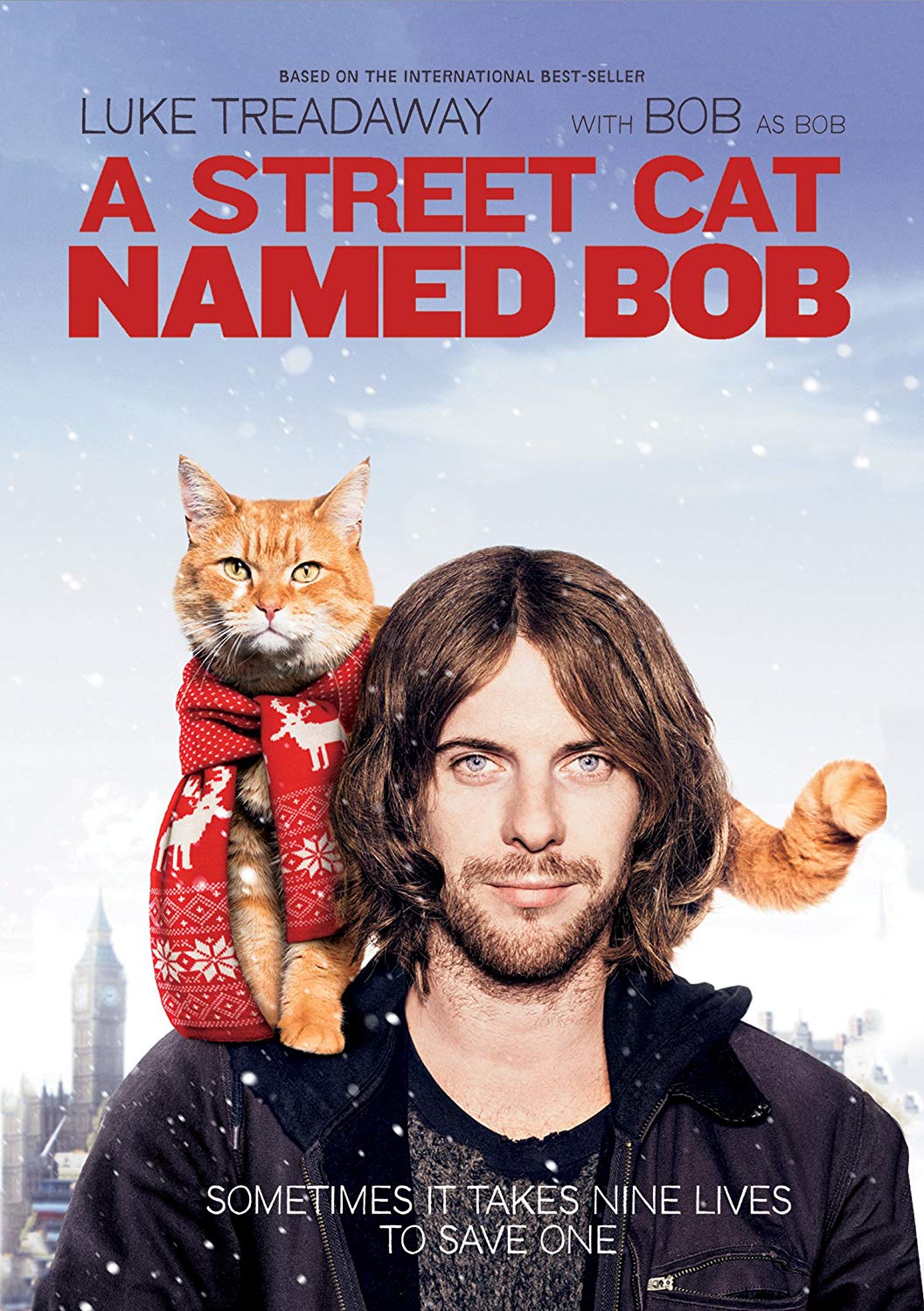 movie poster for A Street Cat Named Bob, a skinny man in a leather jacket with floppy hair and a ginger tabby cat wearing a scarf sitting on his shoulder