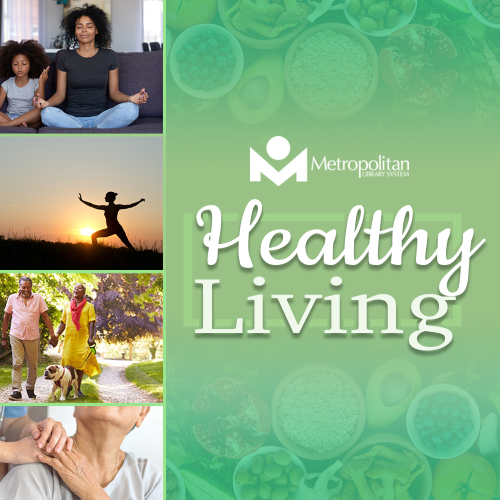 Green background, parent and child meditating, silhoutte of person doing yoga, couple walking with bulldog, and person getting shoulder massage