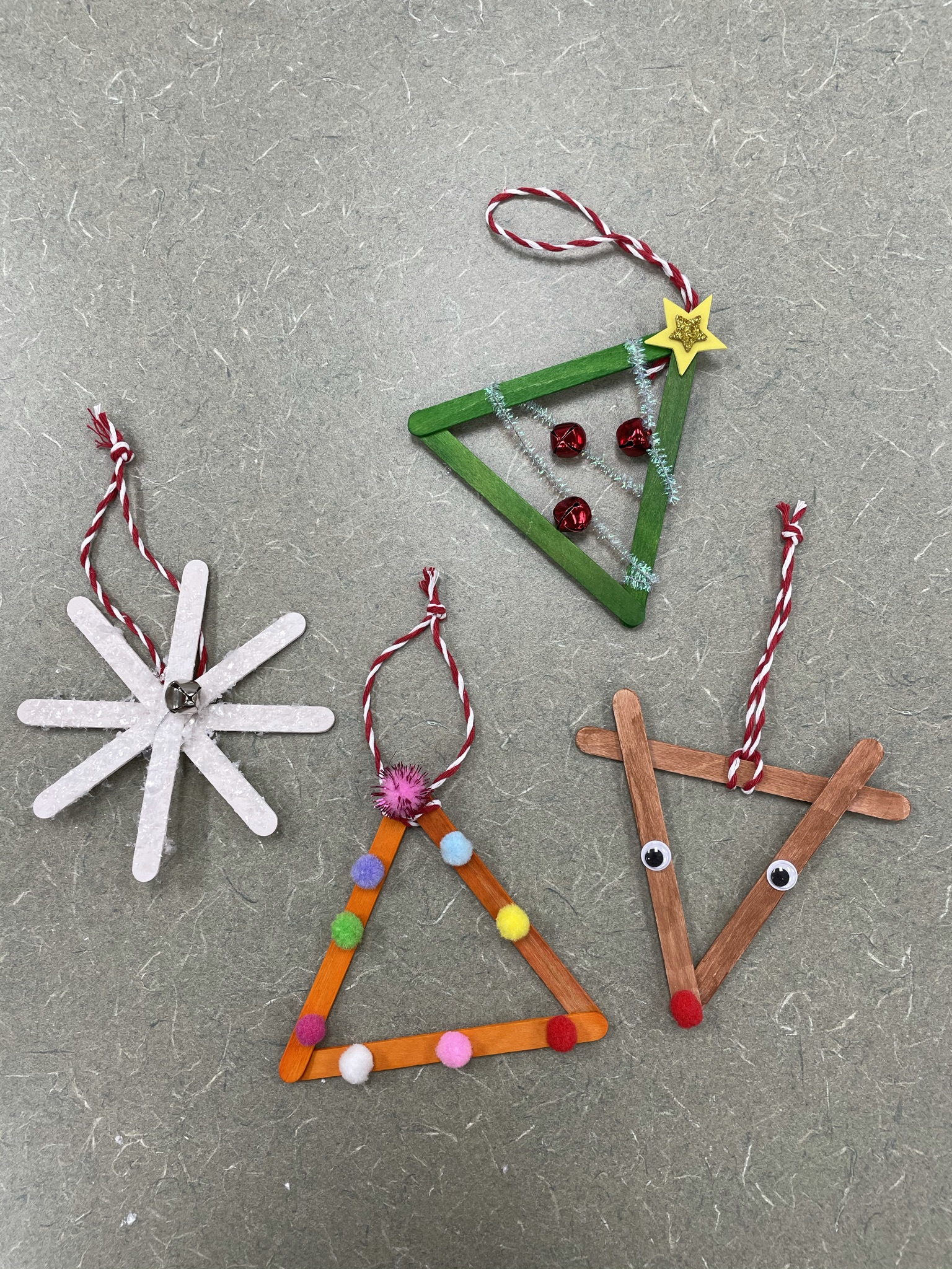 popsicle stick ornaments, Snowflake, trees, and a reindeer.