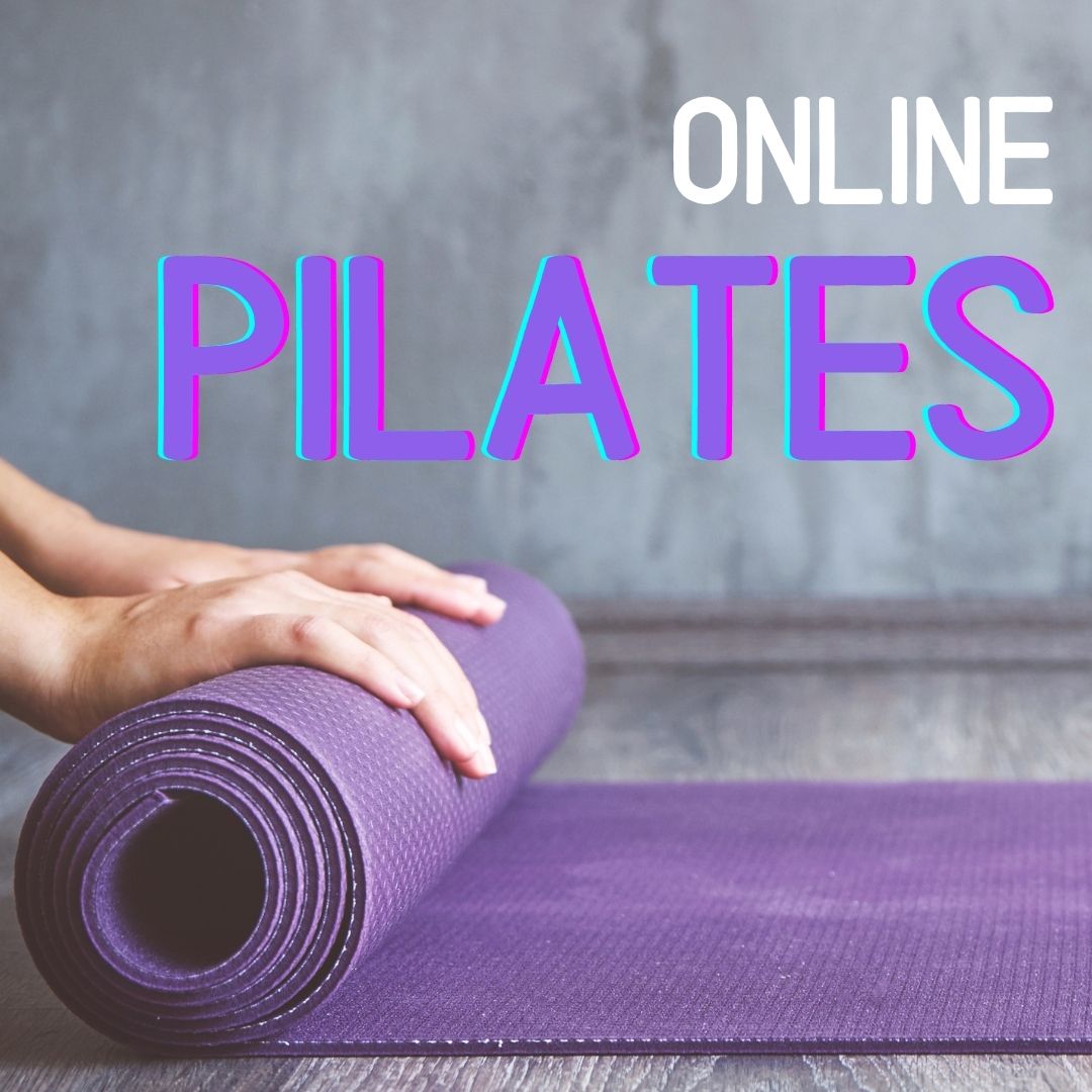 Online Pilates graphic with an individual unrolling a purple yoga mat