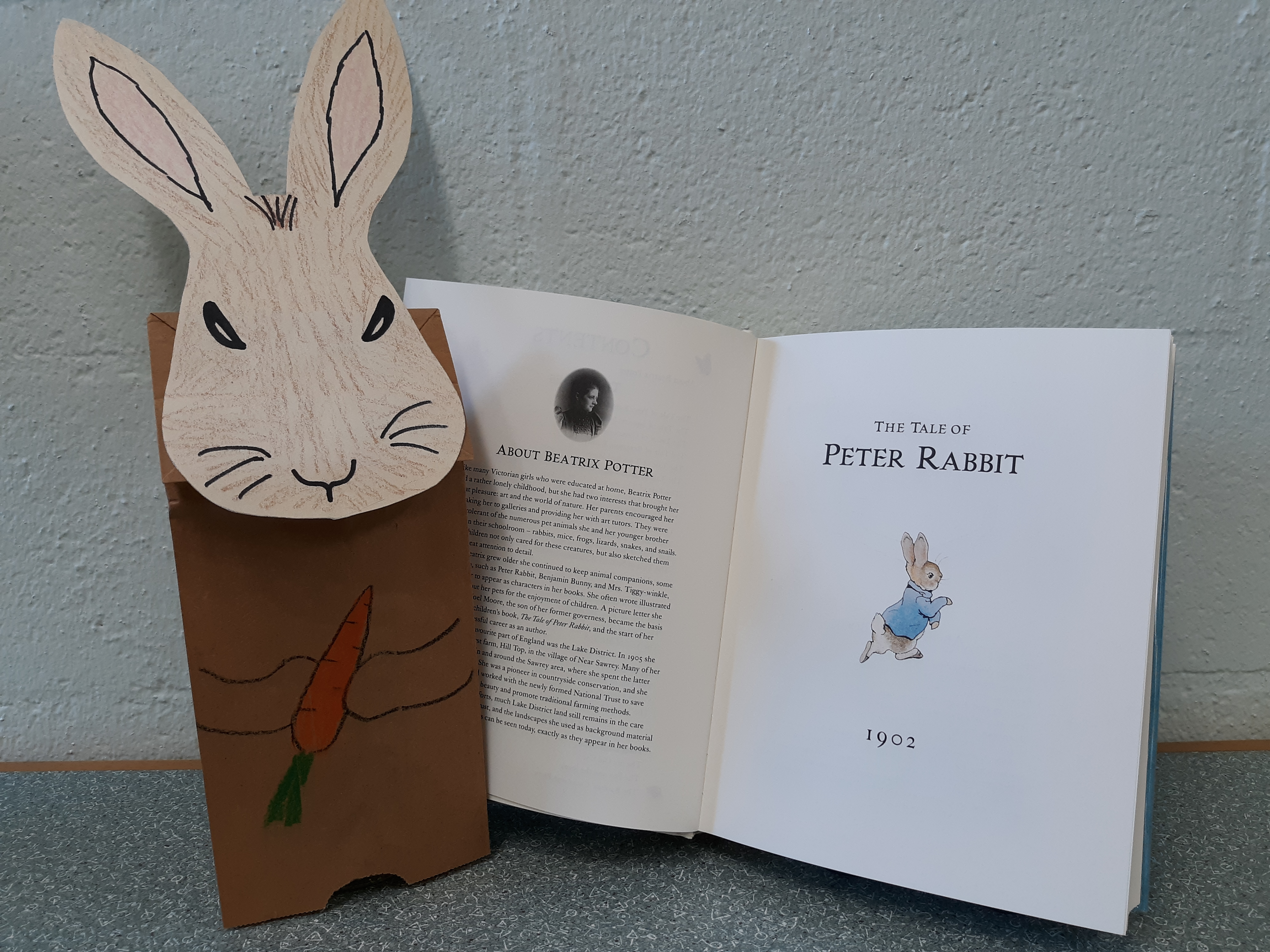 Peter Rabbit sack puppet reading The Tale of Peter Rabbit by Beatrix Potter.