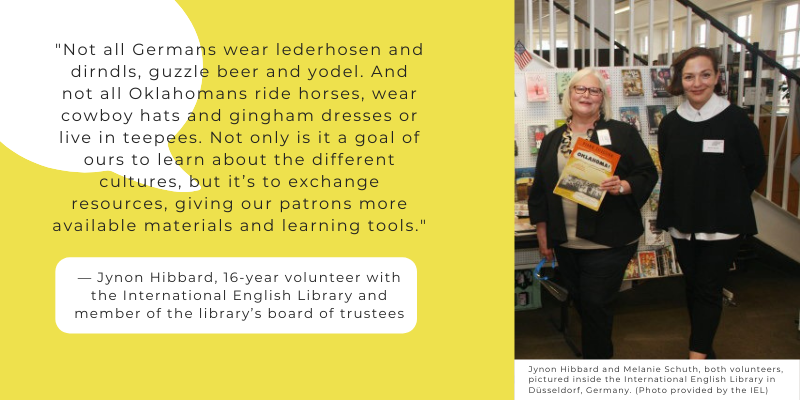 Jynon Hibbard and Melanie Schuth, both volunteers of the International English Library, pose for a photo inside the IEL in Dusseldorf, Germany.