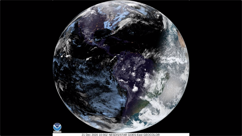The 2020 solstice on Dec. 21, as seen by NOAA's GOES EAST (GOES-16) Earth-observing satellite.  (Image credit: NESDIS/STAR GOES-East GEOCOLOR)