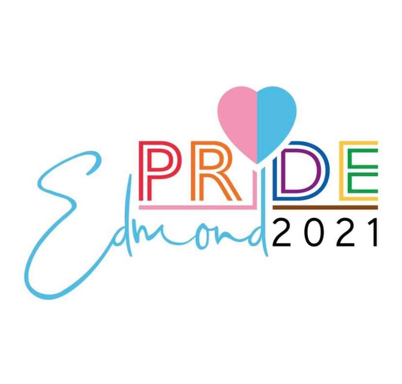 Edmond Pride 2021 with colorful letters and a pink and blue heart