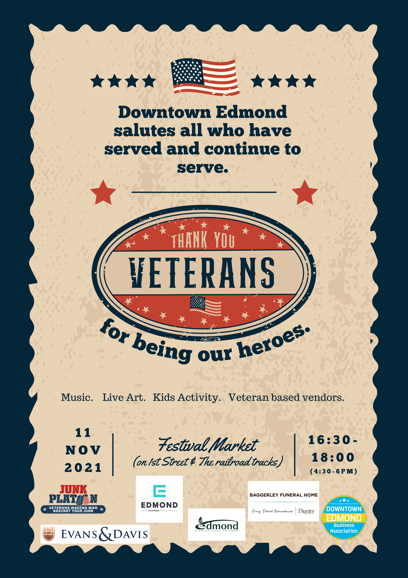 Downtown Edmond salutes all who serve and continue to serve. Thank you veterans for being our heroes.