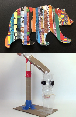 bear silhouette art made of magazine strips and a sorting machine made of recycled materials