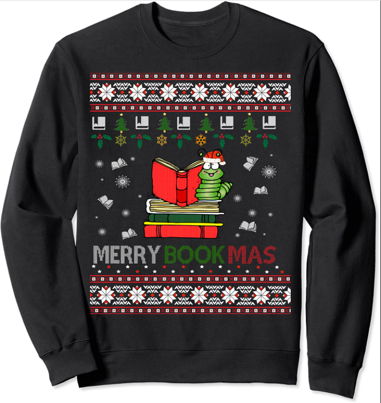 Image of a holiday sweater depicting books and a bookworm, with the text "Merry Bookmas"