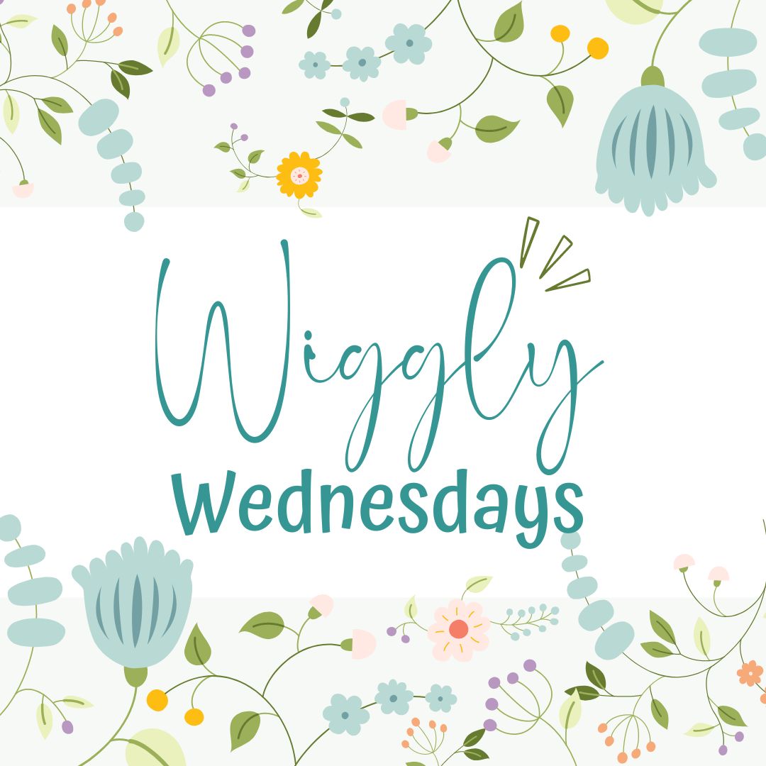 Square image with a floral background that says "Wiggly Wednesdays"