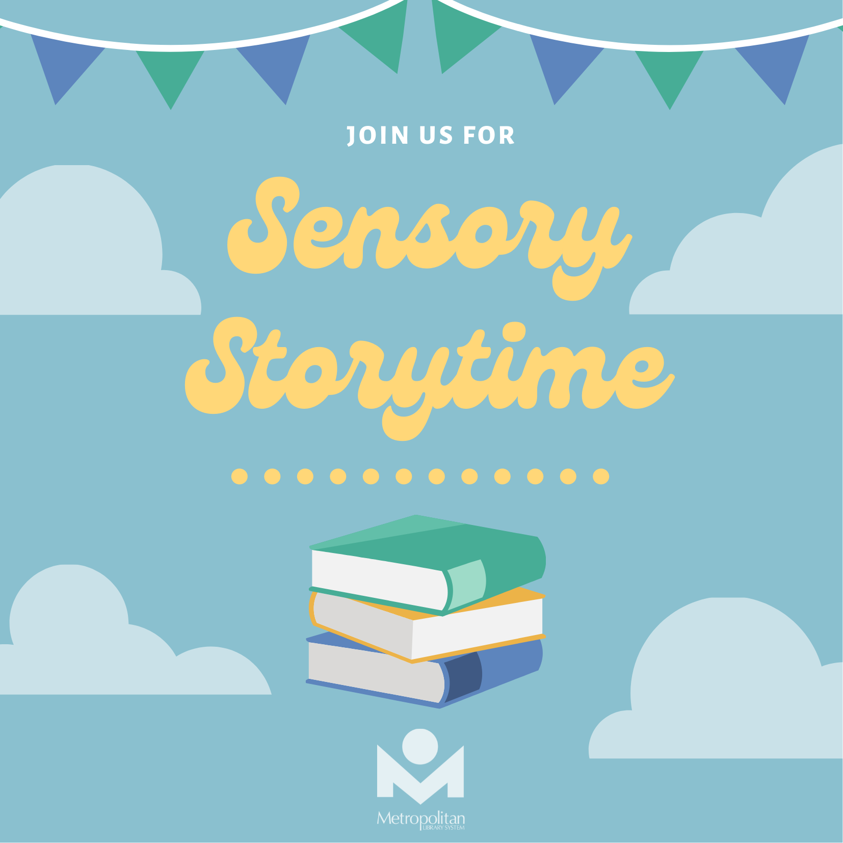 Sensory Storytime logo on blue background with clouds and streamers