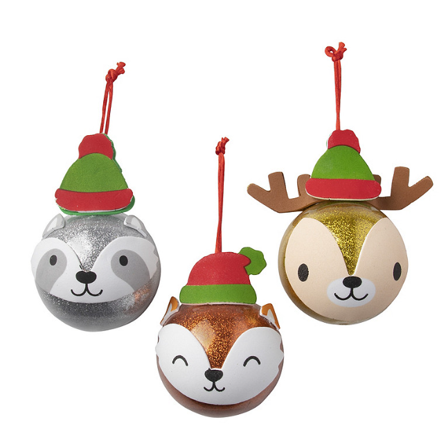 raccoon, fox, and deer ornaments