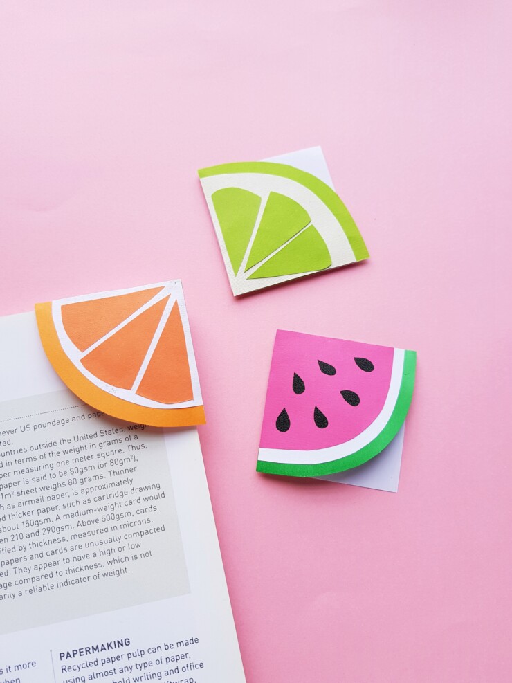 orange, lime, and watermelon corner bookmarks made of paper
