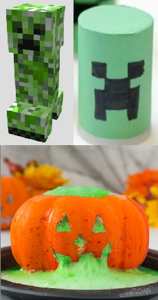a pictuer of a Minecraft creeper next to a handmade creeper made of green paper and a film canister. Underneath is a jack-o-lantern oozing green slime