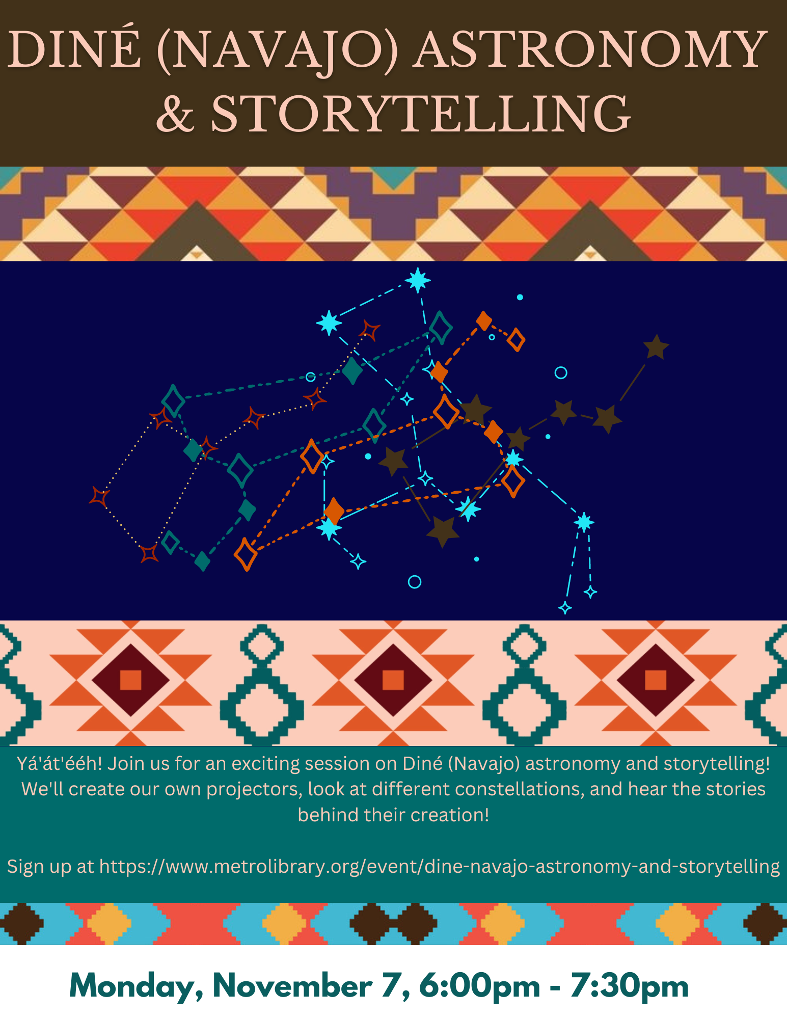 Poster advertising the storytelling program. Has DINÉ (NAVAJO) patterns. 