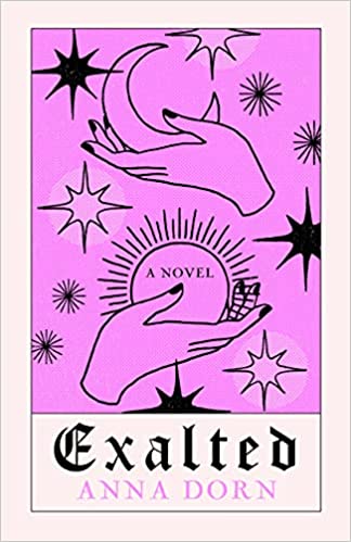 exalted book cover, pink background with black line drawings of hands holding moon and sun, and stars