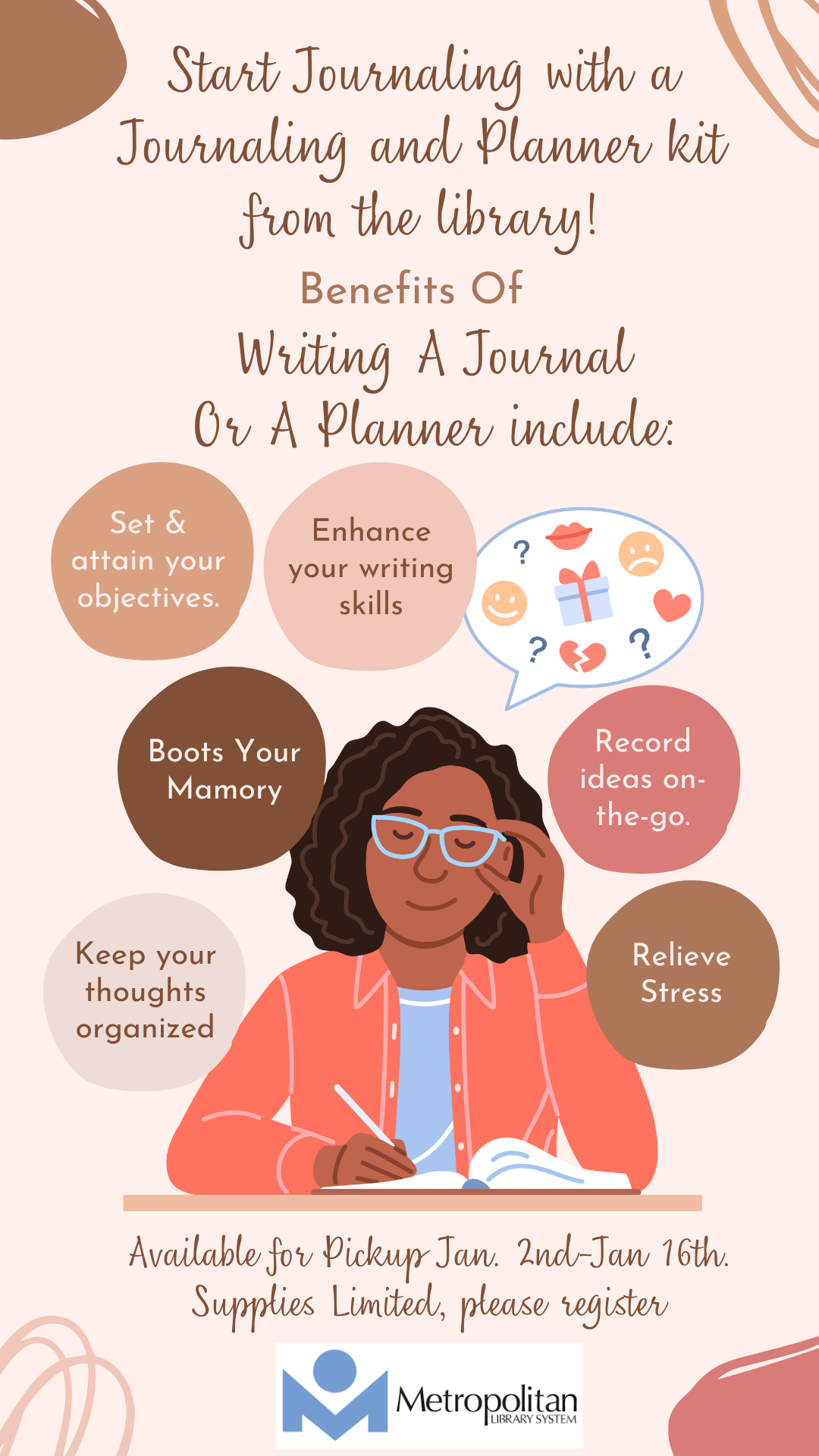 Start Journaling with a Journaling and Planner kit from the library! There is a woman pictured writing in a journal