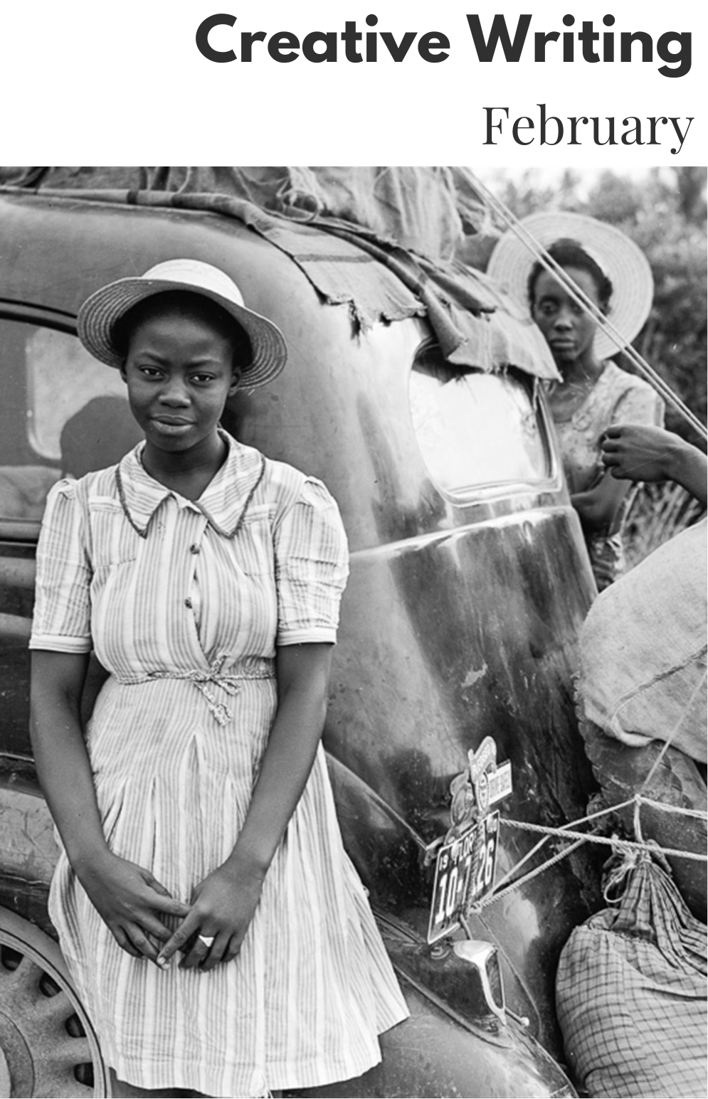 Cover of chapbook featuring a black and white photo of a Black woman standing on the side of an old car that's loaded up with luggage. 