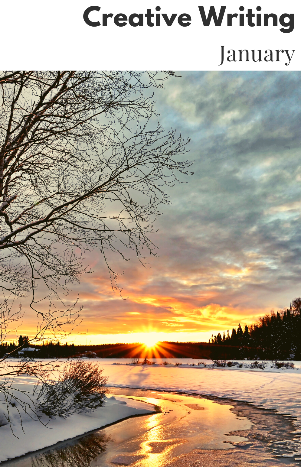 Chapbook cover depicting a snowy winter sunset with the sun reflecting off a stream. 