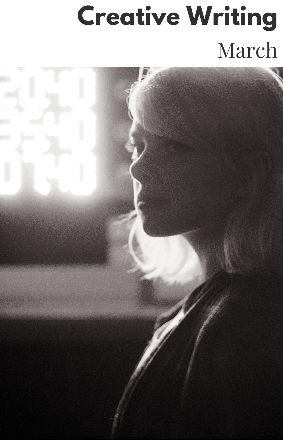 Cover of chapbook featuring a black and white photo of a blond woman standing in front of a display featuring digital numbers. 