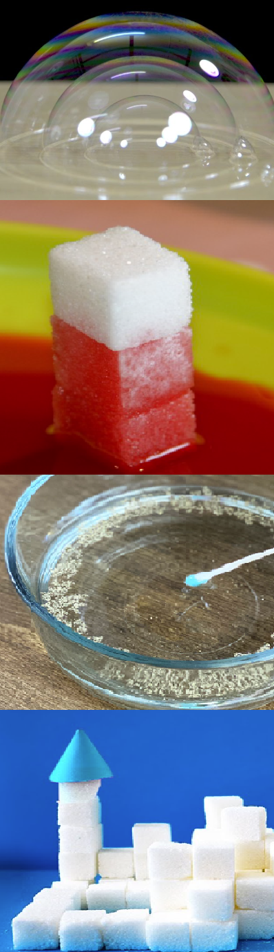4 photos of: bubbles within bubbles on a table, a stack of 3 sugar cubes with the bottom 2 colored red, a q-tip dipped into the middle of a bowl of water with pepper floating along the inner sides, and stacks of sugar cubes, including a sugar cube tower with a blue paper conical roof