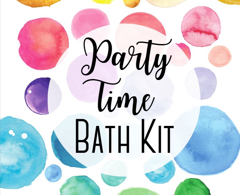 Rainbow colored bubbles in the background with Party Time Bath Kit in text in the forefront. 