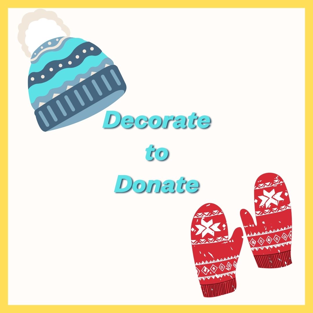Hat and Gloves around "Decorate to Donate" text