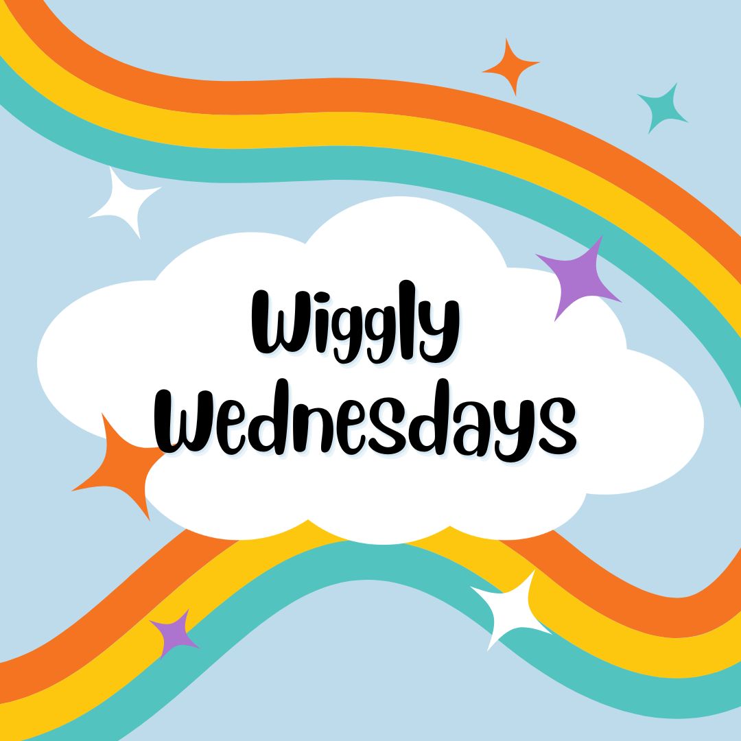 Rainbow swirling around a cloud that says Wiggly Wednesday 