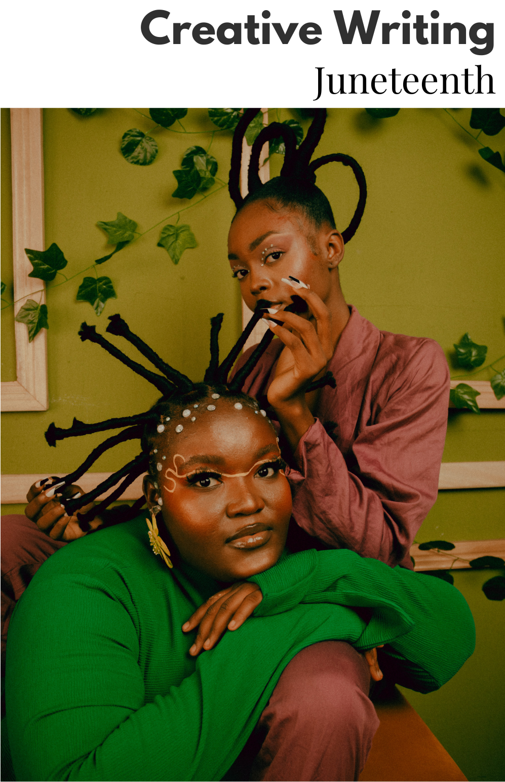 Image of two Black women, with one holding the other's artistically braided hair. 