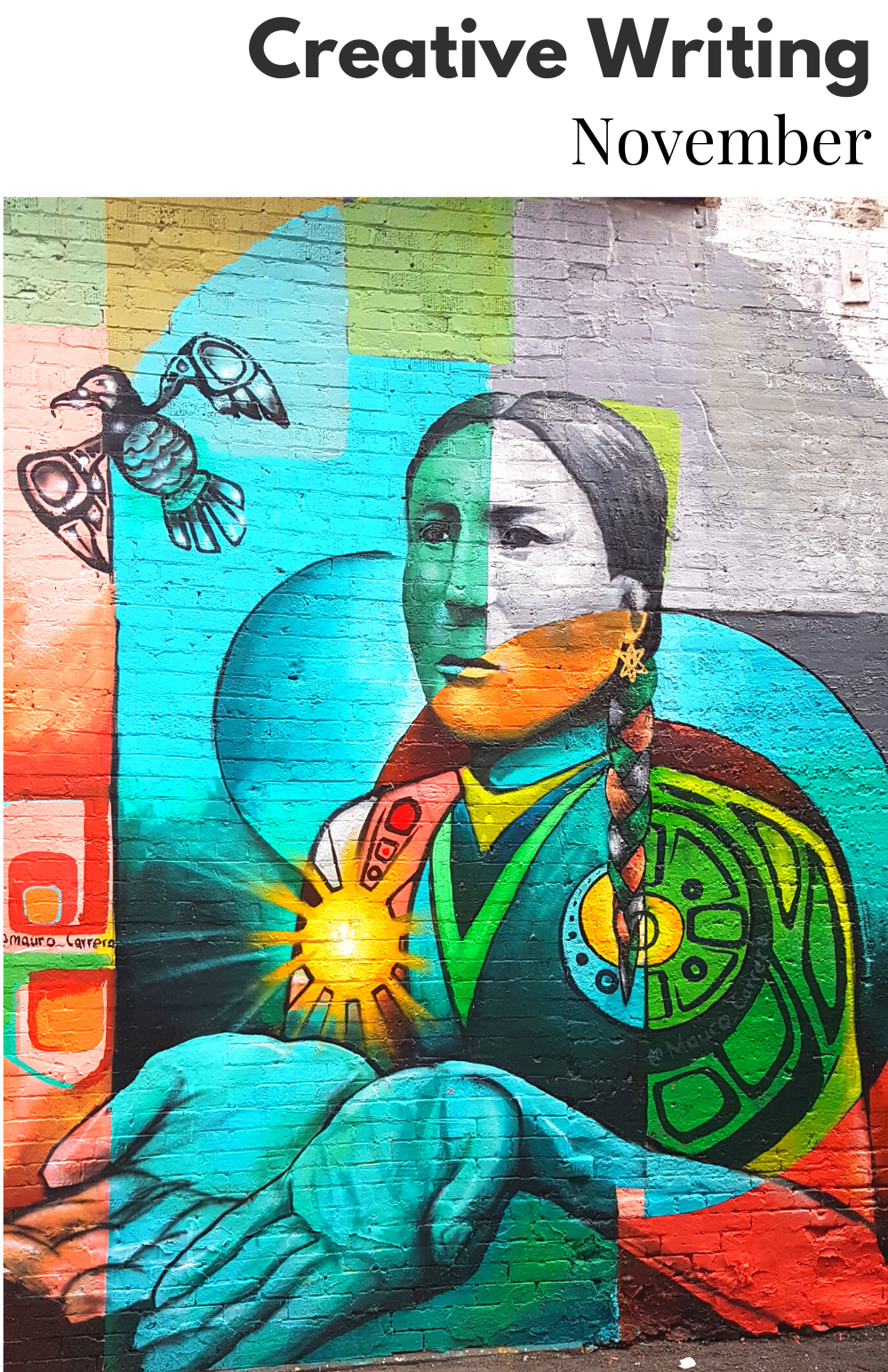 Image of a colorful mural featuring a Native American figure with their palms up. 