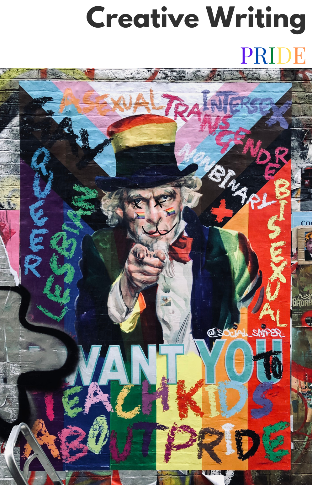 Graffiti image combining the Pride flag with Uncle Sam. 