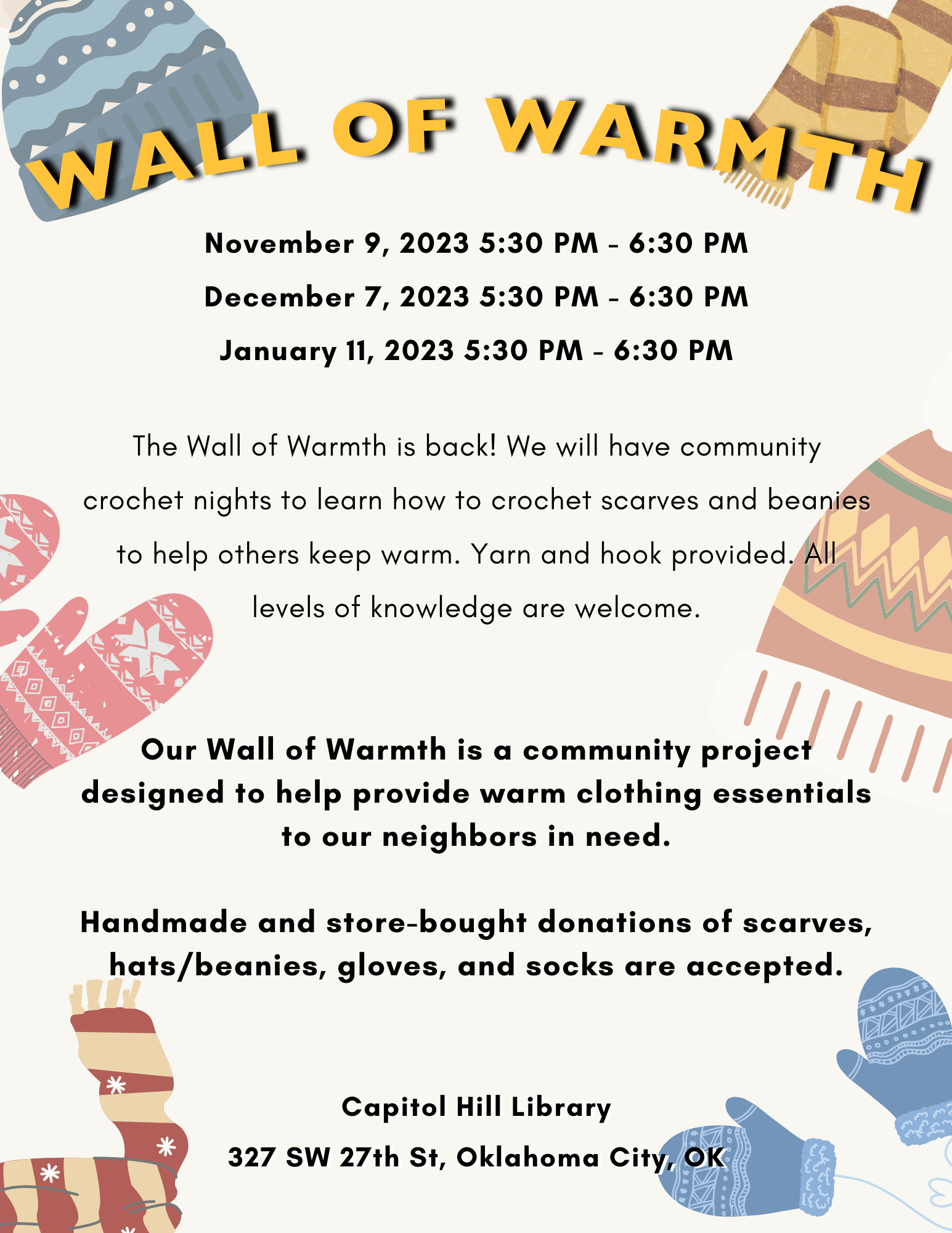 Wall of warmth description with community crochet night events listed.