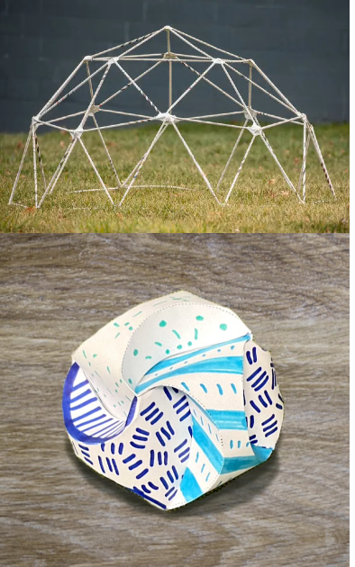 2 pictures: a geodesic dome about 1.5 meters high made of newspaper sitting on the grass, and a colorful geometric paper orb with multiple sides that looks like it's swirling. Each face has a different pattern and color: purple hatch marks, green dots and lines, light blue stripes and lines
