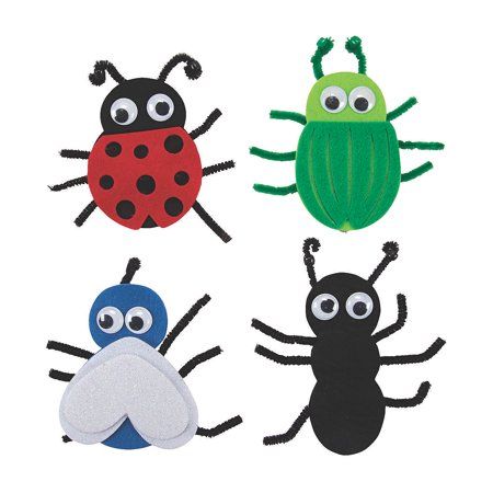 This picture shows four different bugs made from felt, pipe cleaners, and googly eyes. On the top left is a red and black ladybug, next is a green beetle, on the bottom left is a blue fly, and next to that is a black ant.