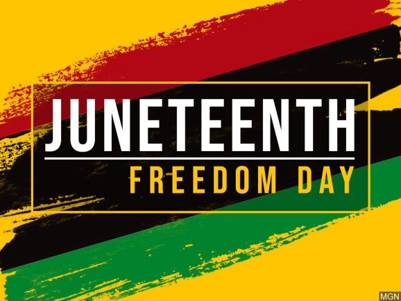 "Juneteenth: Freedom Day" in white lettering across a yellow, red, black, and green background