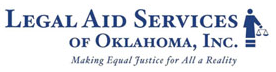 Navy text reads Legal Aid Services of Oklahoma, Inc. with an outline of a person holding a scale. 