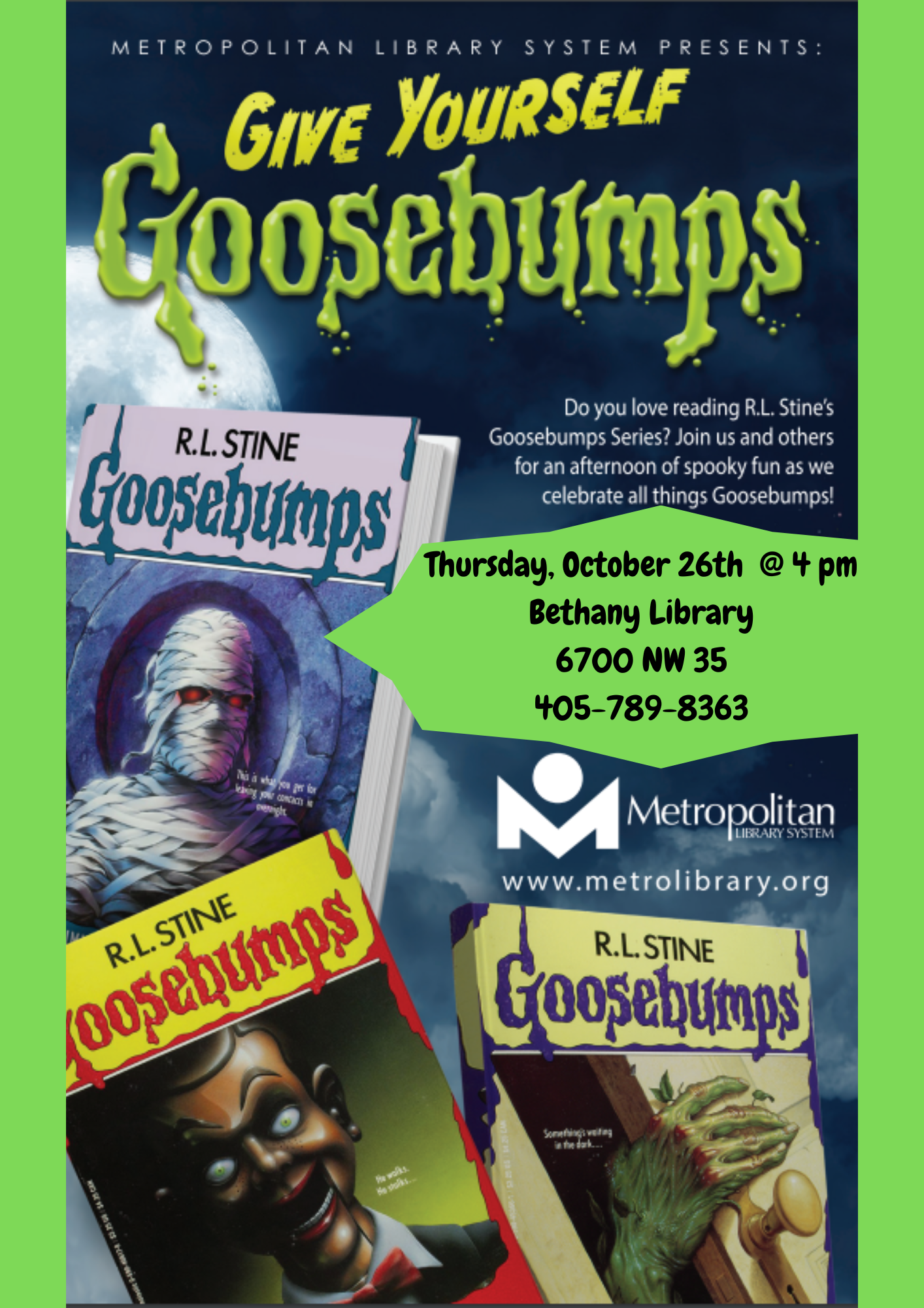 Shows Various Goosebumps Book Covers (Featuring a Dummy, Mummy, Monster)