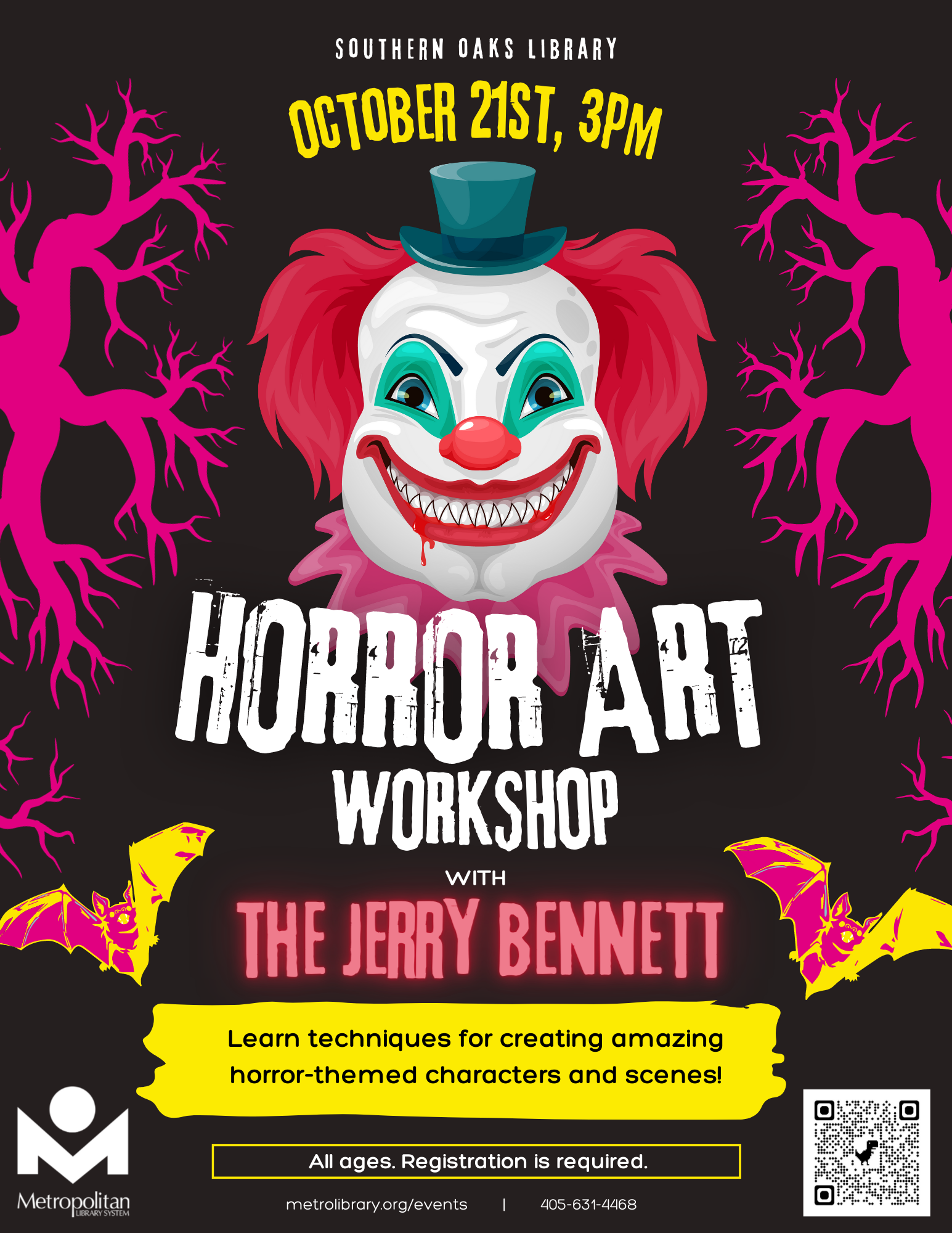 A flyer for the program with a creepy clown