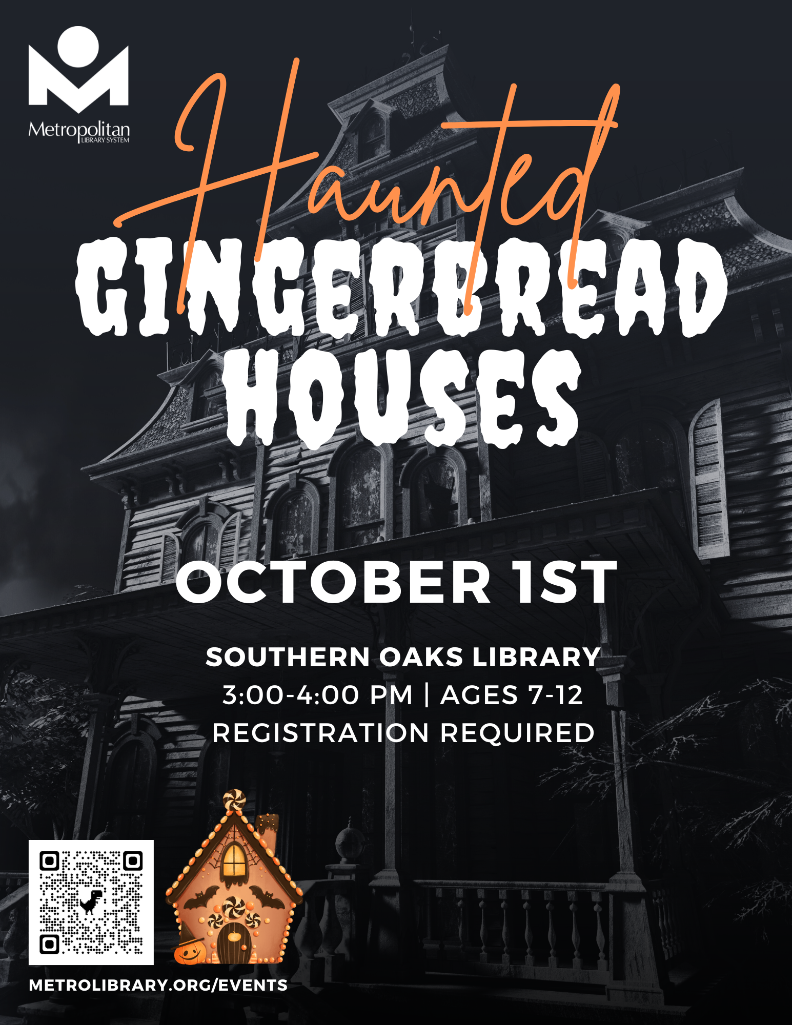 Spooky flyer advertising the Haunted Gingerbread Houses program