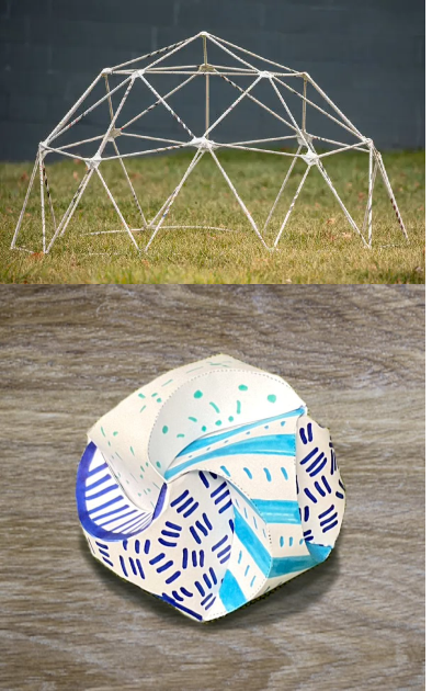 a colorful geometric paper orb with multiple sides that looks like it's swirling. Each face has a different pattern and color: purple hatch marks, green dots and lines, light blue stripes and lines