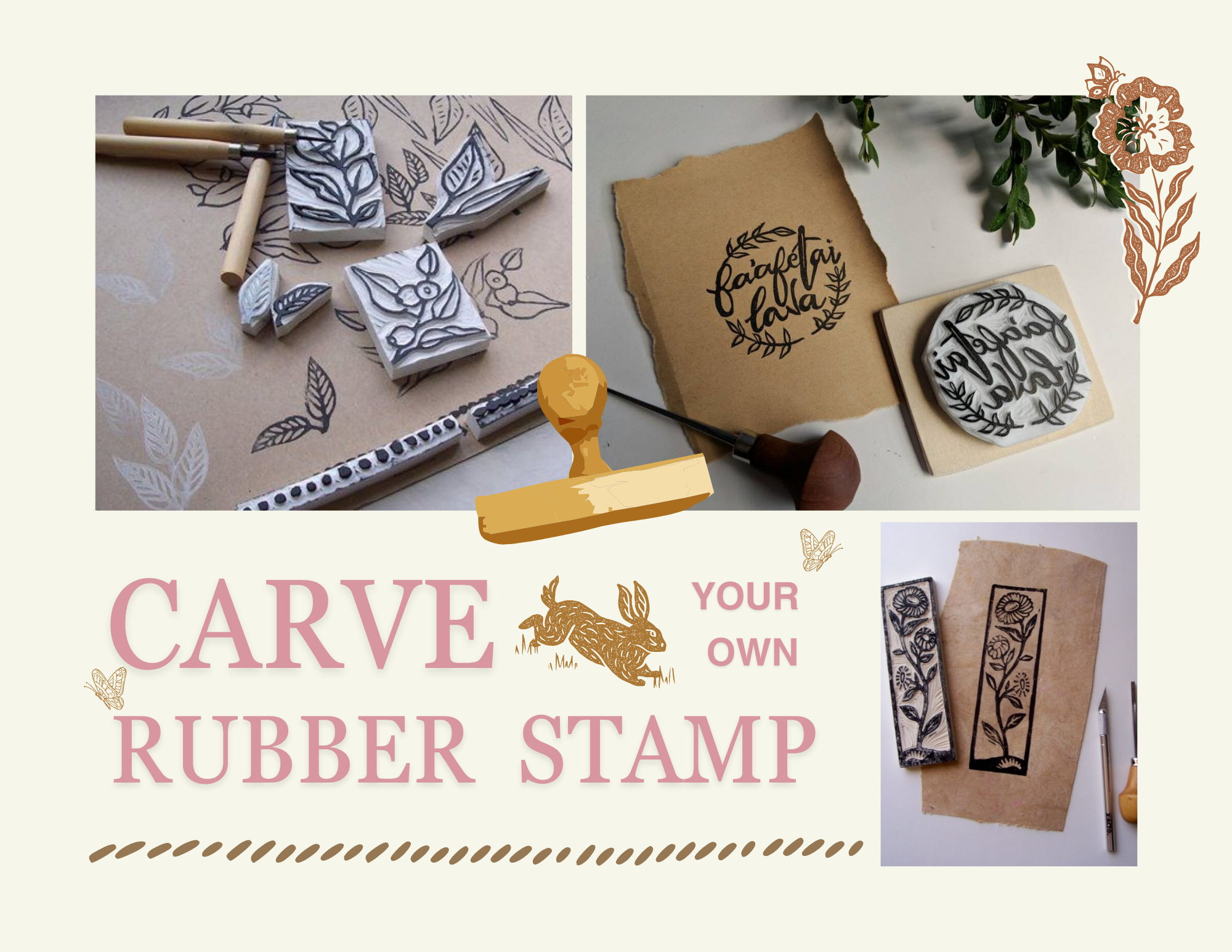 Carve your own rubber stamp. Images of flowers and leaves carved into rubber.