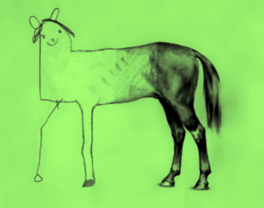 very poorly drawn horse on green background