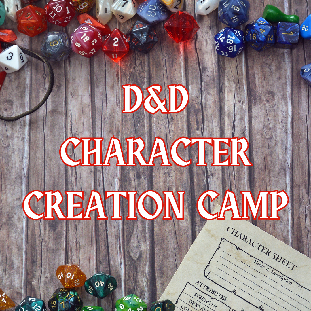 Image on a wood background with various dice on the top margin and a character sheet on the bottom margin. Middle text is white with red outlining and reads "D&D Character Creation Camp".