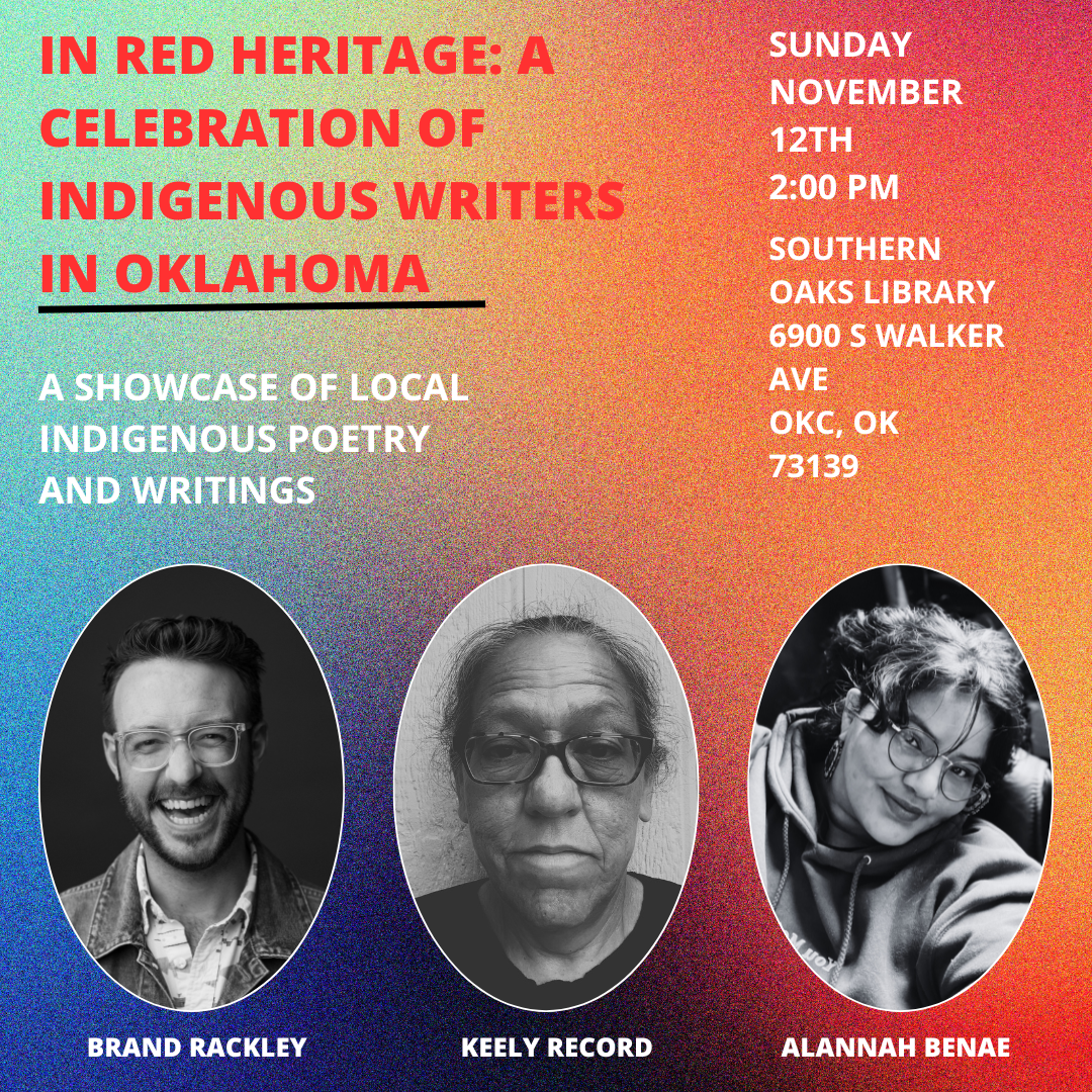 flyer for the event displaying black and white photos of the poets Brand Rackley, Keely Record, and Alannah Benae