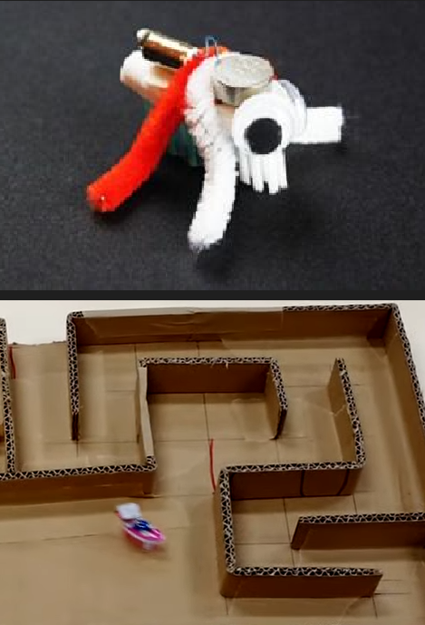 bristlebot made of a toothbrush head with a coin battery and pager motor on top and googly eyes, with red and white pipe cleaners for legs. Below is an image of a bristlebot in a maze made of cardboard