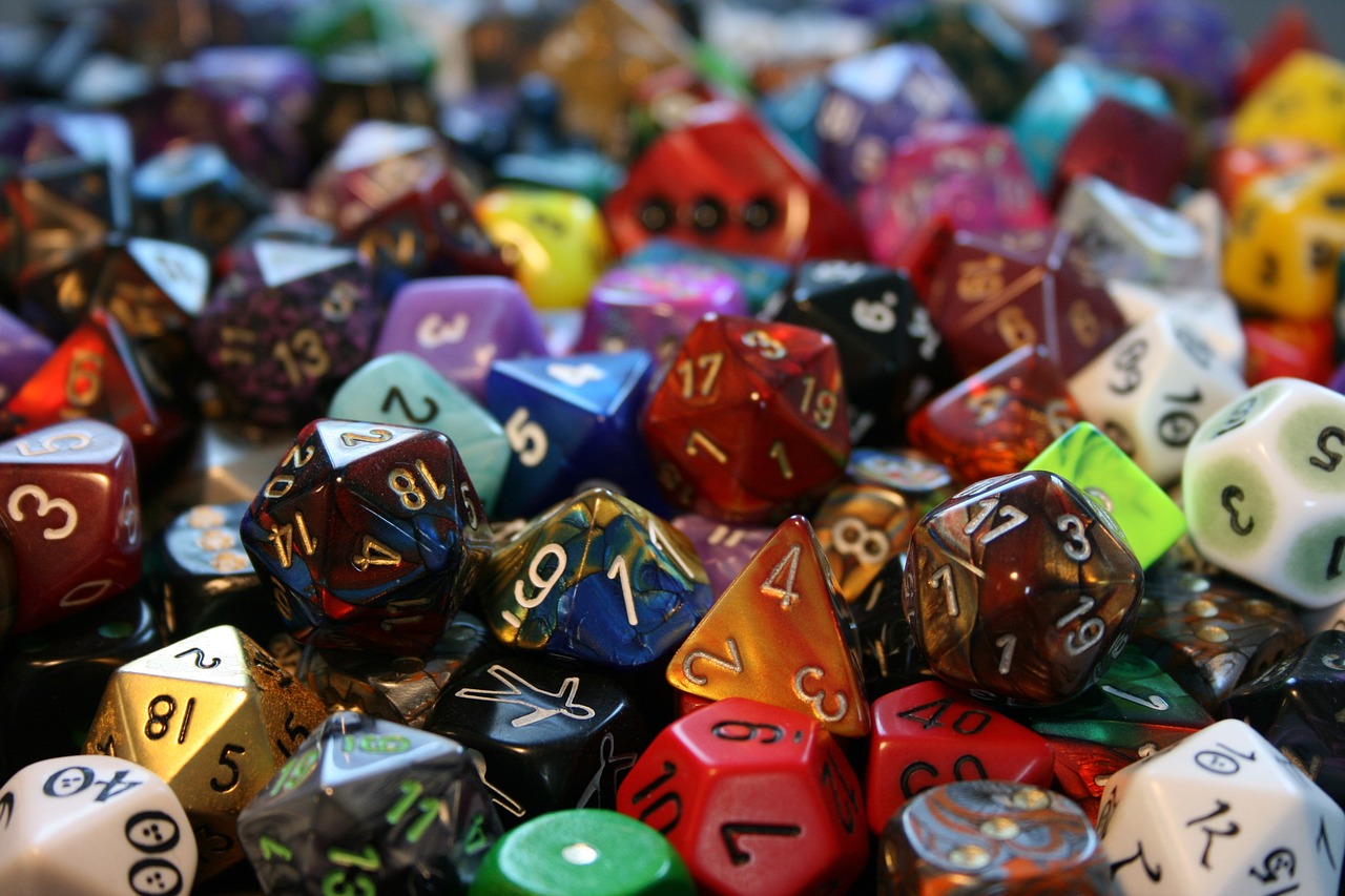 Many multicolored multisided dice.