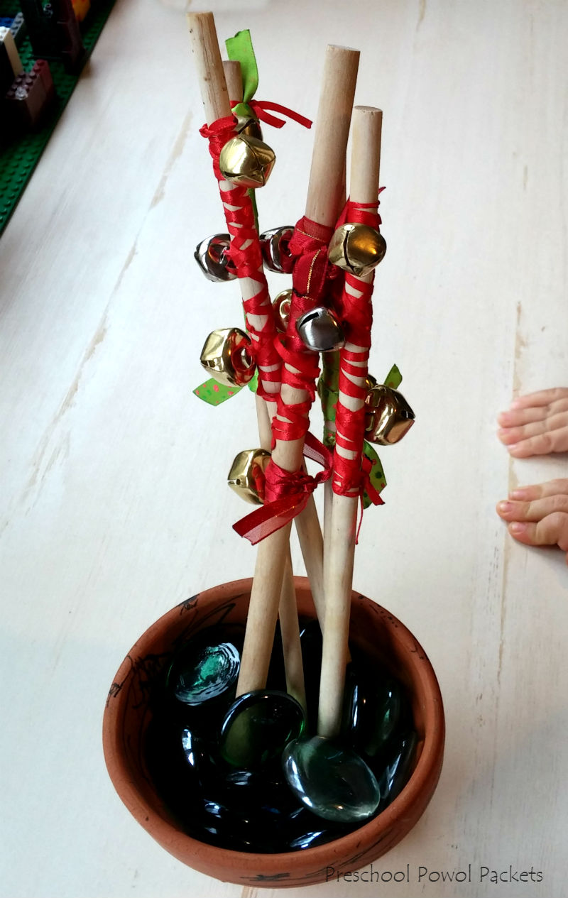 Jungle Bell Stick with wood, pipe cleaners and jingle bells. 