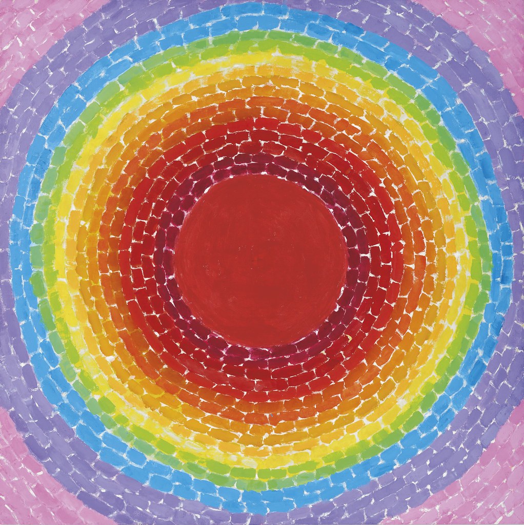 Alma Woodsey Thomas' Fantastic Sunset. A circle sun that is red surrounded by dashes of colors radiating out
