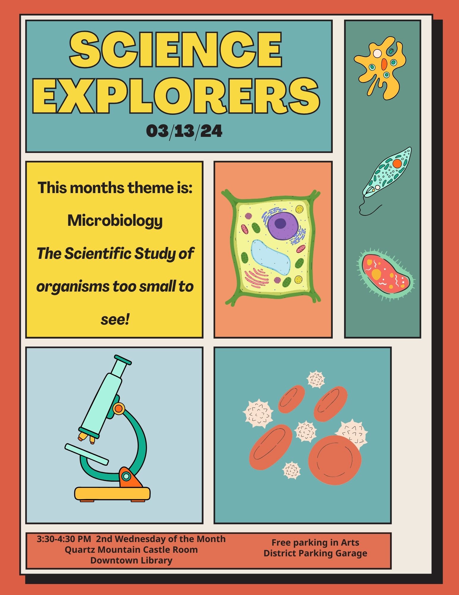Vintage poster featuring images of a microscope, plant cell, and blood cells. Text reads: Science Explorers 03/13/24 This months theme is: Microbiology The Scientific Study of organisms too small to see!